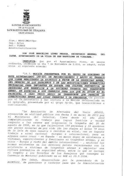 Leer el Certificado de la Moción del Ayuntamiento de San BArtolomé de Tirajana